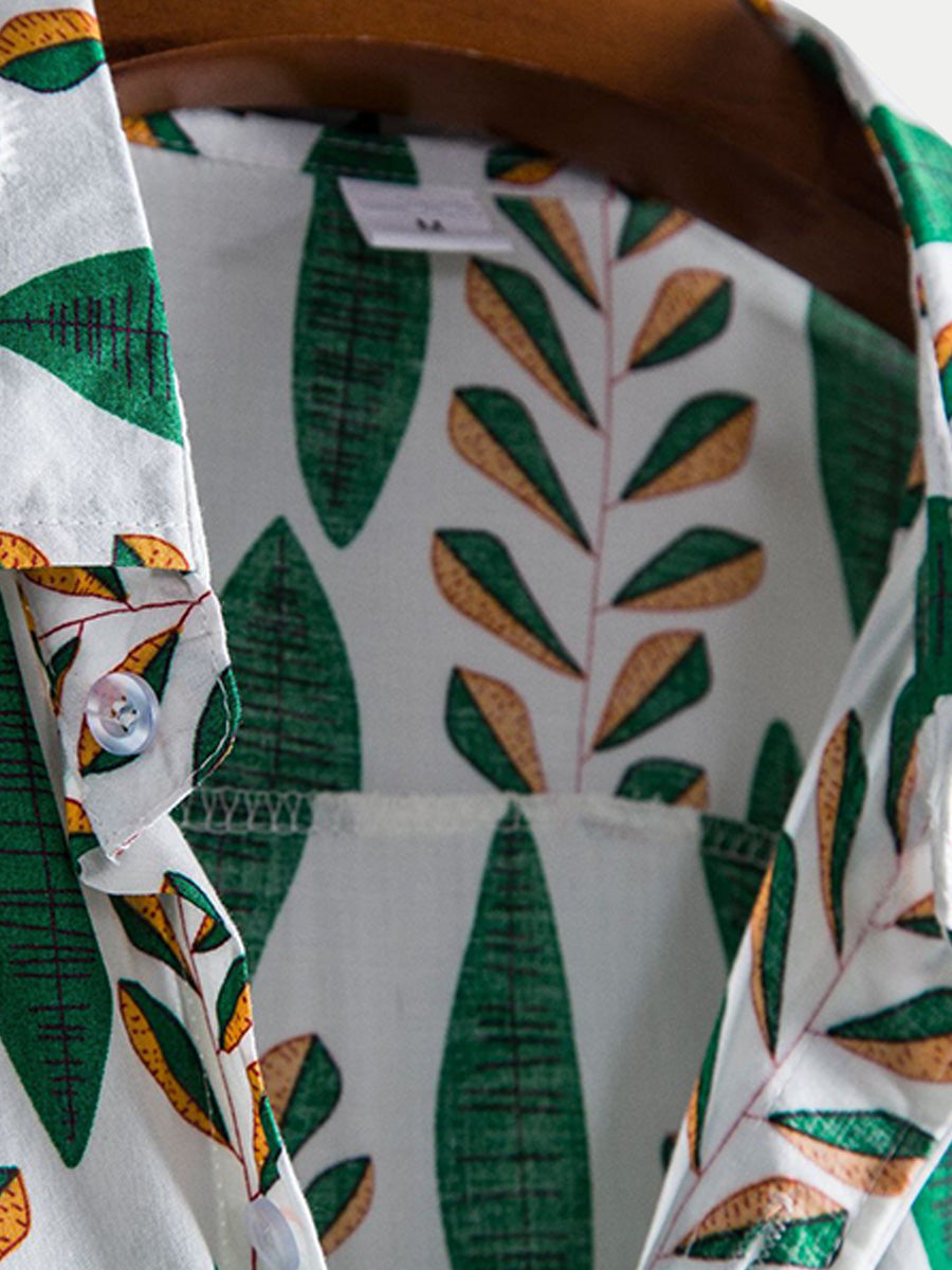 Camicia da uomo a maniche corte con stampa Leaf