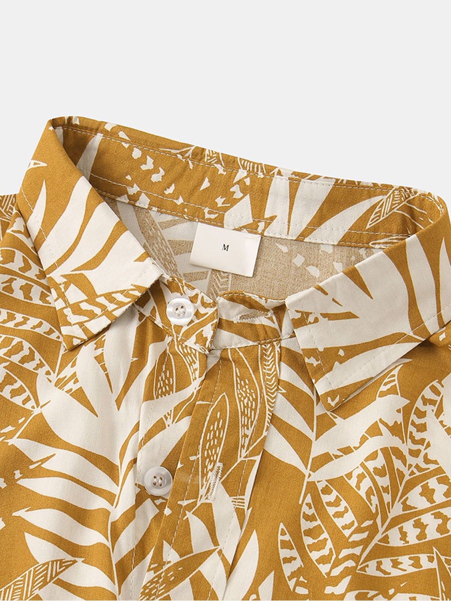 Camicia da uomo a maniche corte con stampa foglie