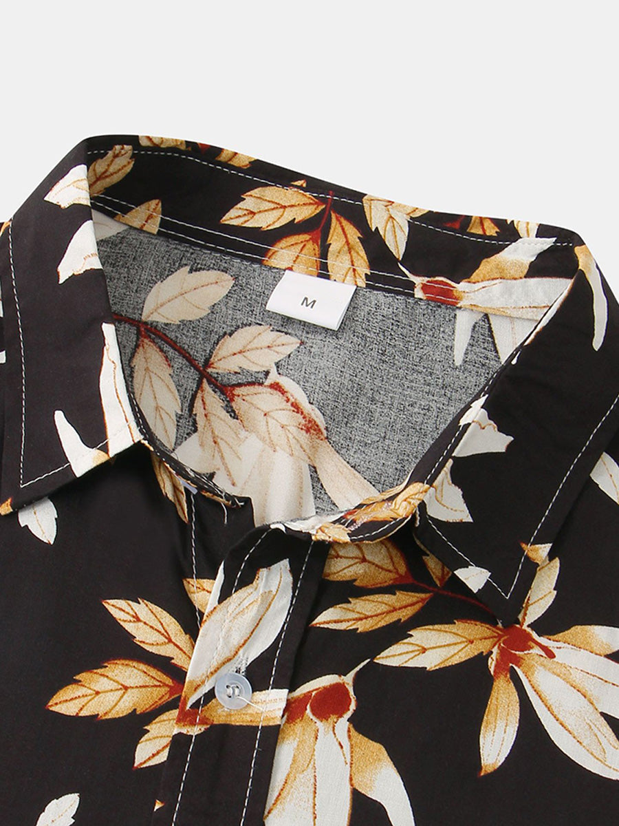 Camicia da uomo a maniche corte con stampa foglie