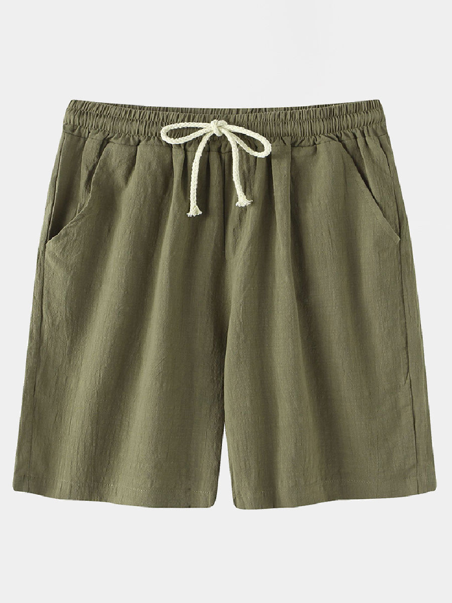 Pantaloncini casual da uomo in cotone lino da spiaggia tinta unita