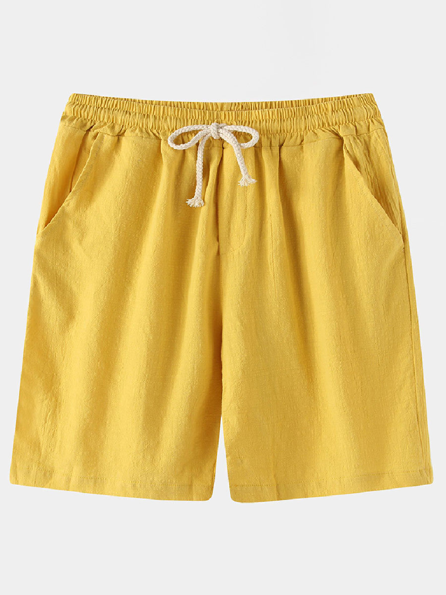 Pantaloncini casual da uomo in cotone lino da spiaggia tinta unita
