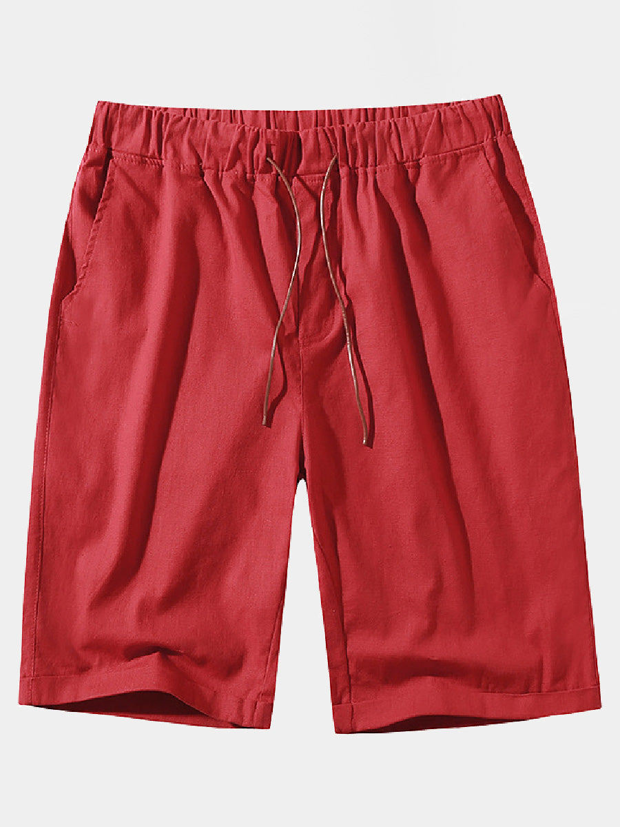 Pantaloncini casual da uomo in cotone e lino in pizzo sciolto tinta unita