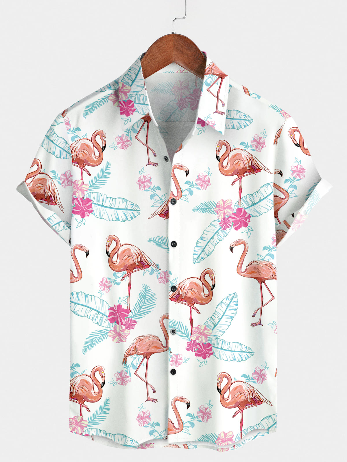 Camicia a maniche corte da uomo con stampa di fenicotteri