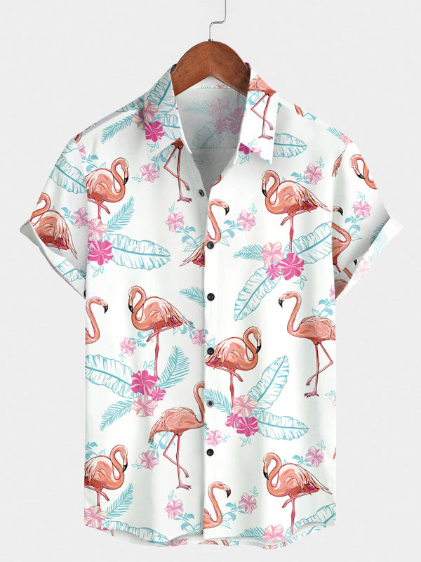 Camicia a maniche corte da uomo con stampa di fenicotteri