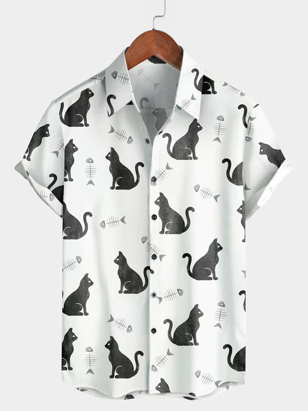 Chemise à manches courtes à imprimé chat pour hommes