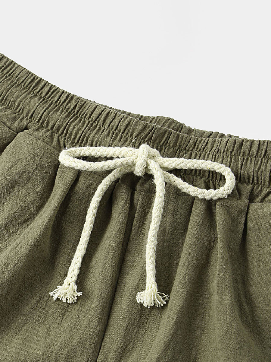 Pantaloncini casual da uomo in cotone lino da spiaggia tinta unita