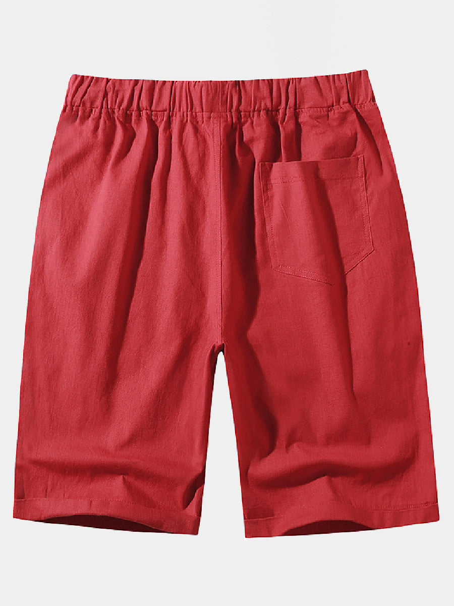 Pantaloncini casual da uomo in cotone e lino in pizzo sciolto tinta unita