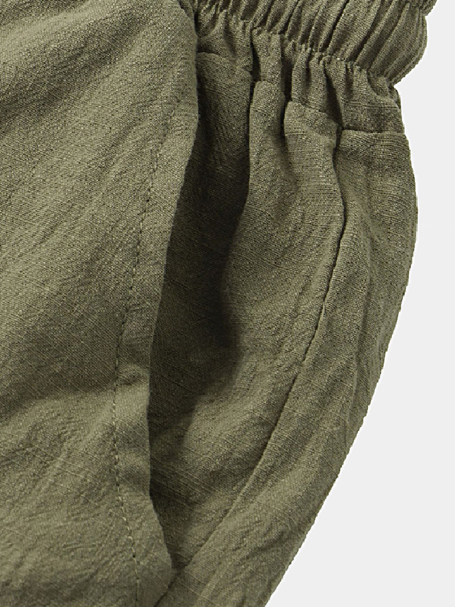 Pantaloncini casual da uomo in cotone lino da spiaggia tinta unita