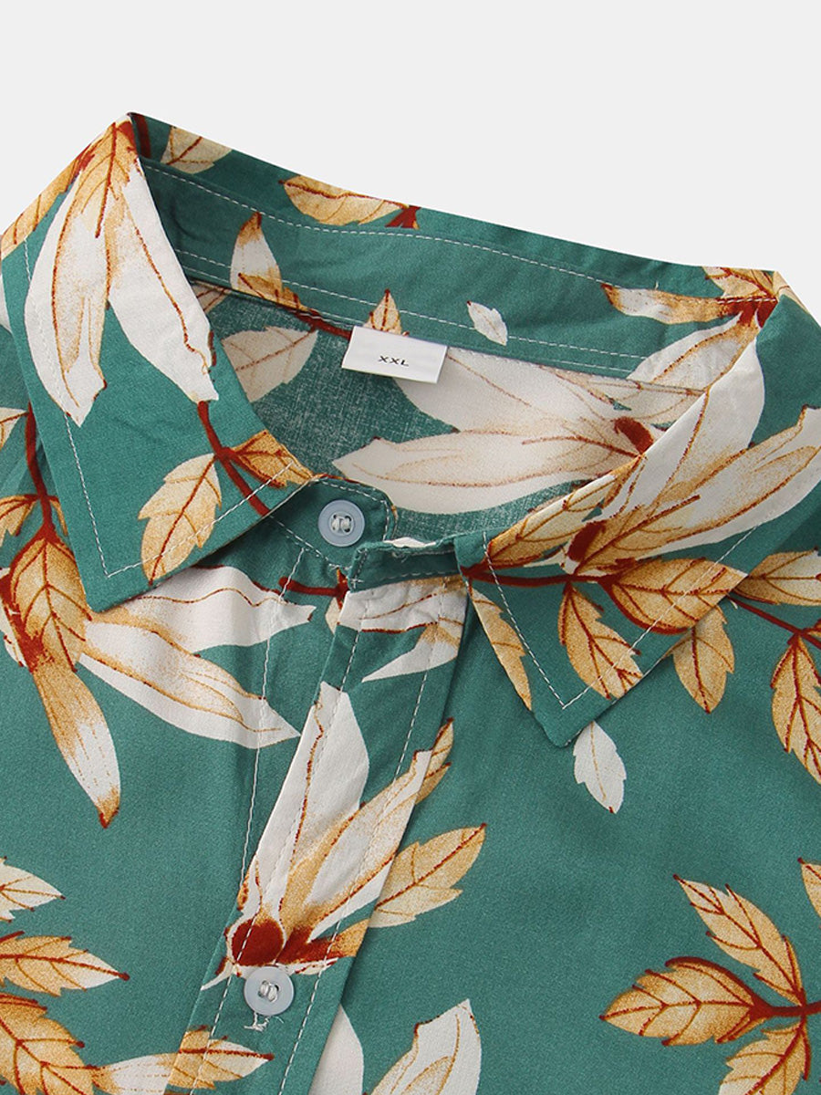 Camicia da uomo a maniche corte con stampa foglie