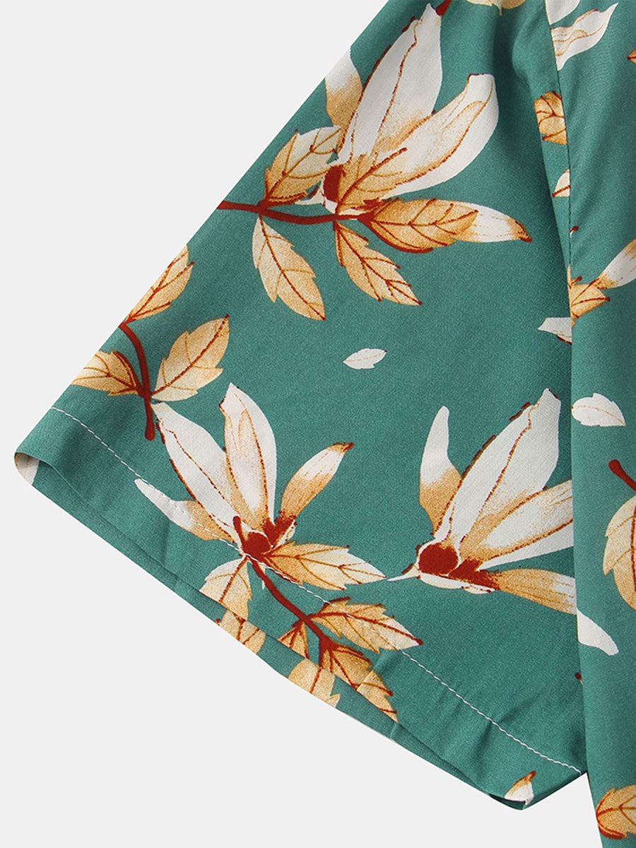 Camicia da uomo a maniche corte con stampa foglie