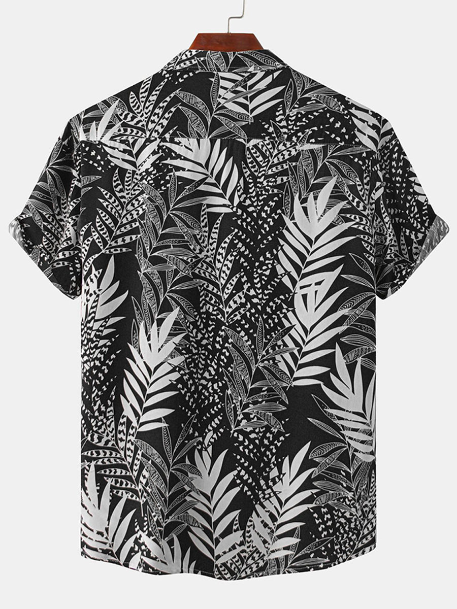 Camicia da uomo a maniche corte con stampa foglie