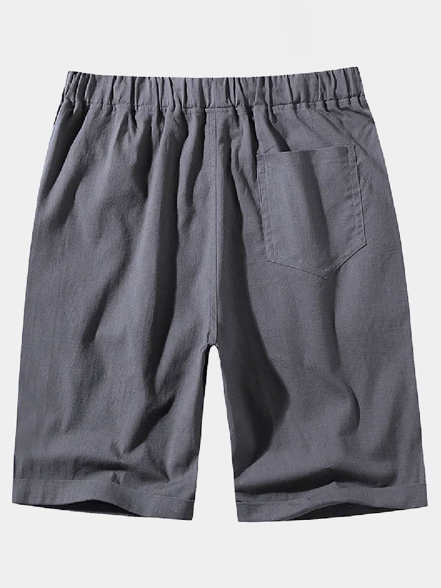 Pantaloncini casual da uomo in cotone e lino in pizzo sciolto tinta unita
