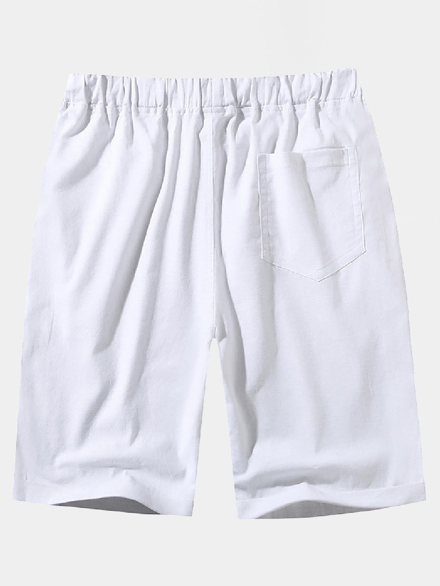 Pantaloncini casual da uomo in cotone e lino in pizzo sciolto tinta unita