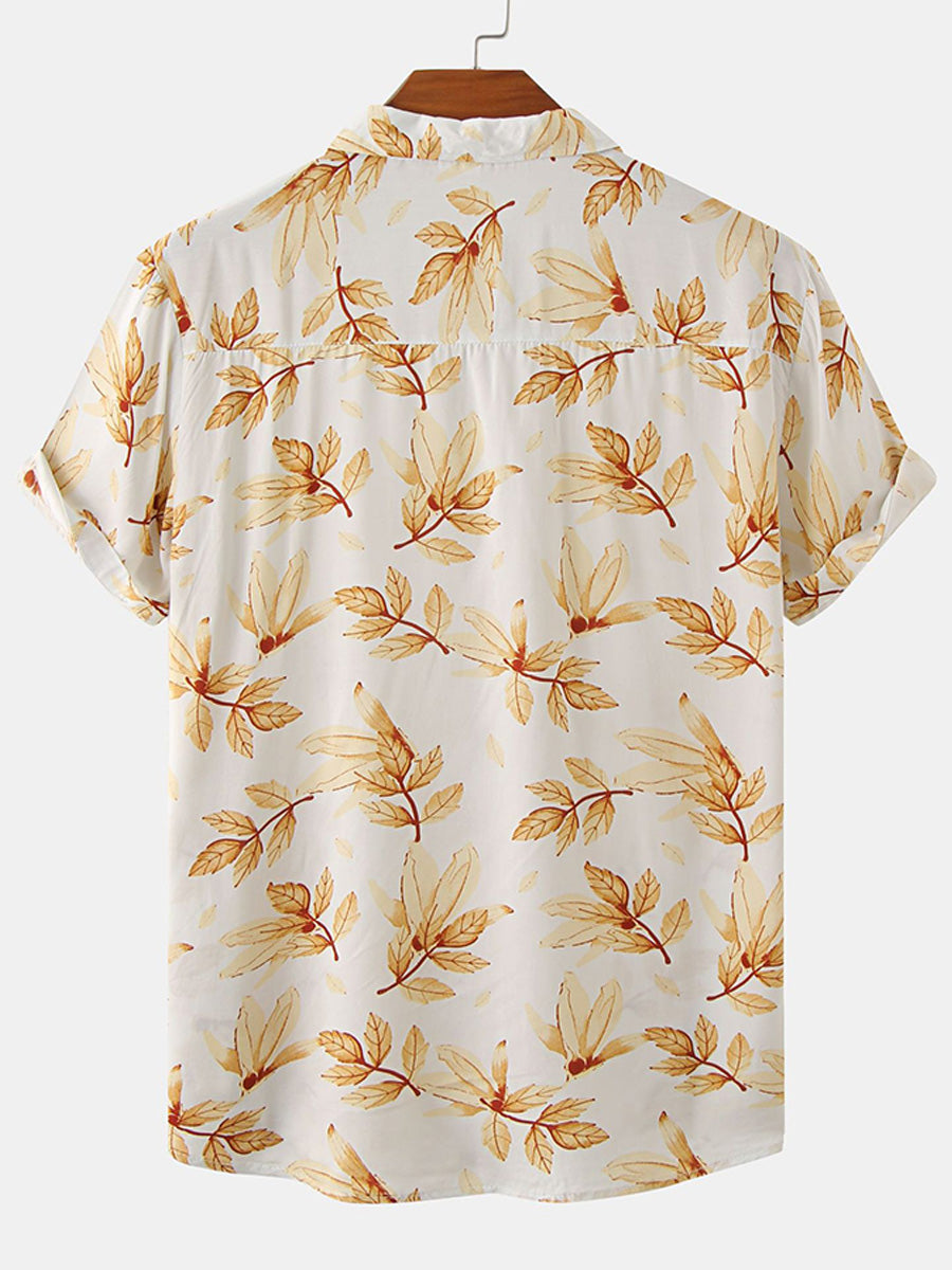 Camicia da uomo a maniche corte con stampa foglie