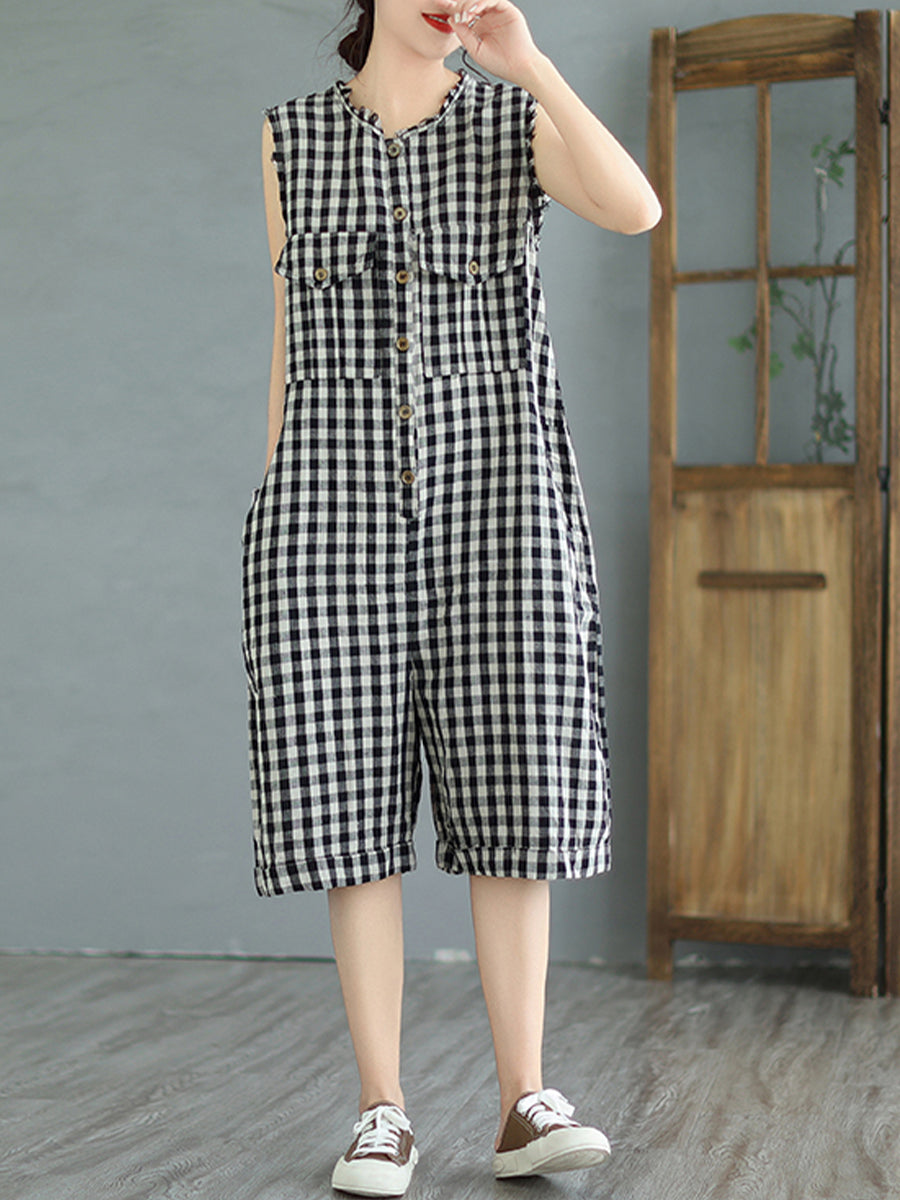 Cotton and linen plaid casual loose Jumpsuit