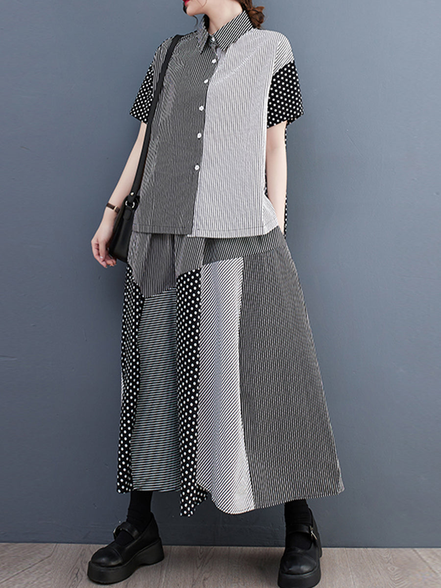 Spliced striped shirt loose set