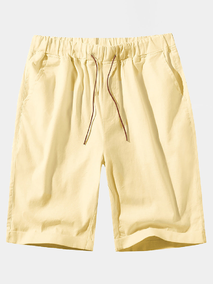 Pantaloncini casual da uomo in cotone e lino in pizzo sciolto tinta unita