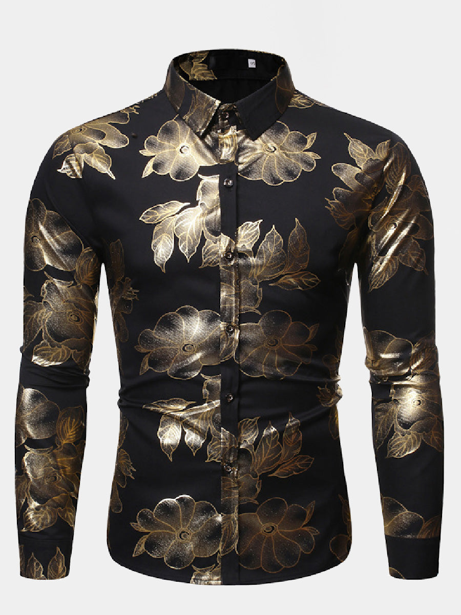 Chemise manches longues fleuri doré homme