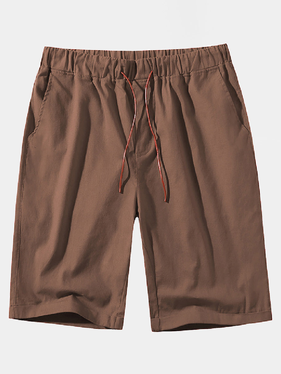 Pantaloncini casual da uomo in cotone e lino in pizzo sciolto tinta unita
