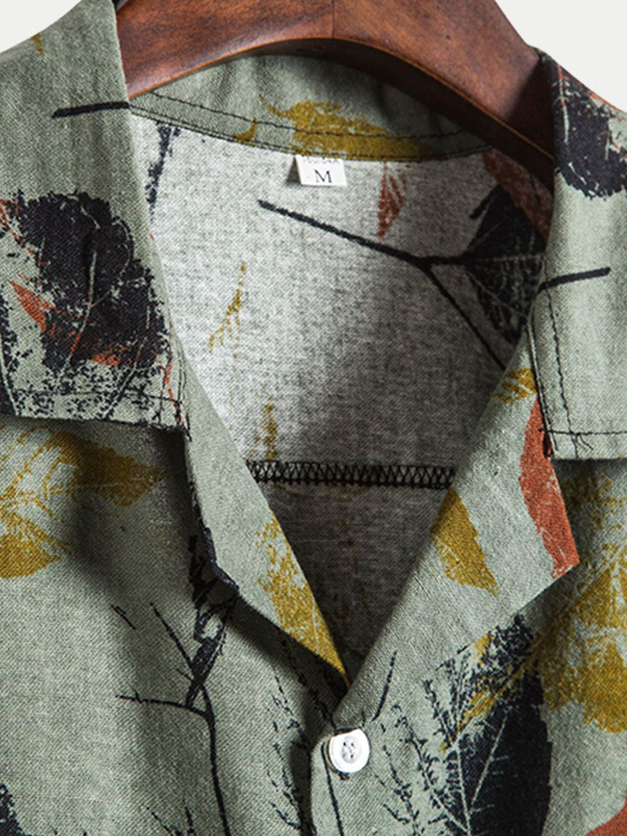 Camicia da uomo a maniche corte con stampa foglie