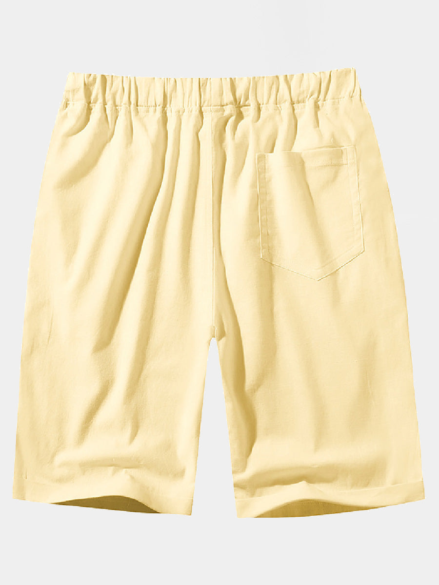 Pantaloncini casual da uomo in cotone e lino in pizzo sciolto tinta unita