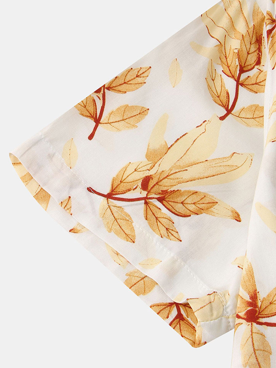 Camicia da uomo a maniche corte con stampa foglie