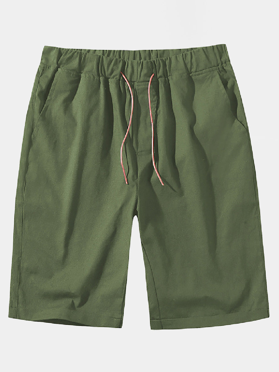 Pantaloncini casual da uomo in cotone e lino in pizzo sciolto tinta unita