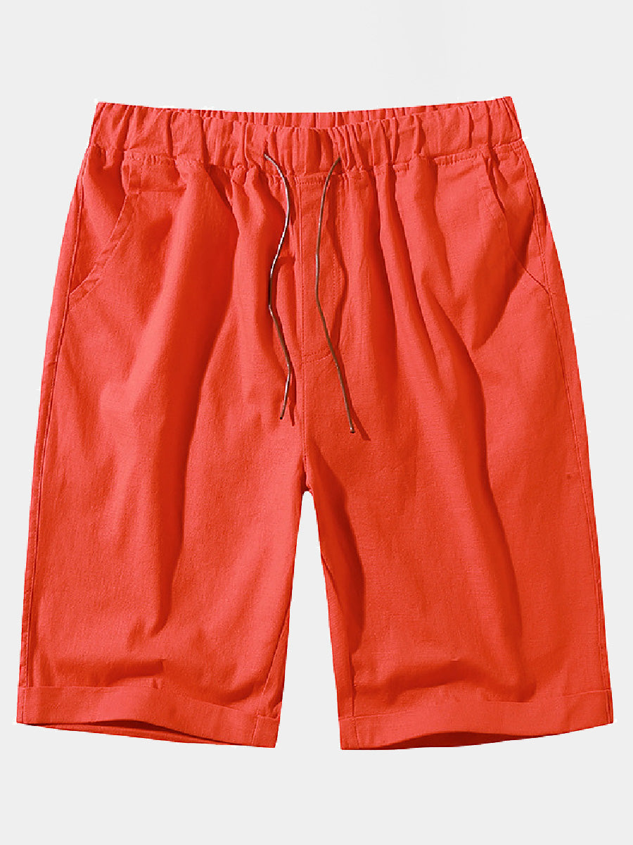 Pantaloncini casual da uomo in cotone e lino in pizzo sciolto tinta unita
