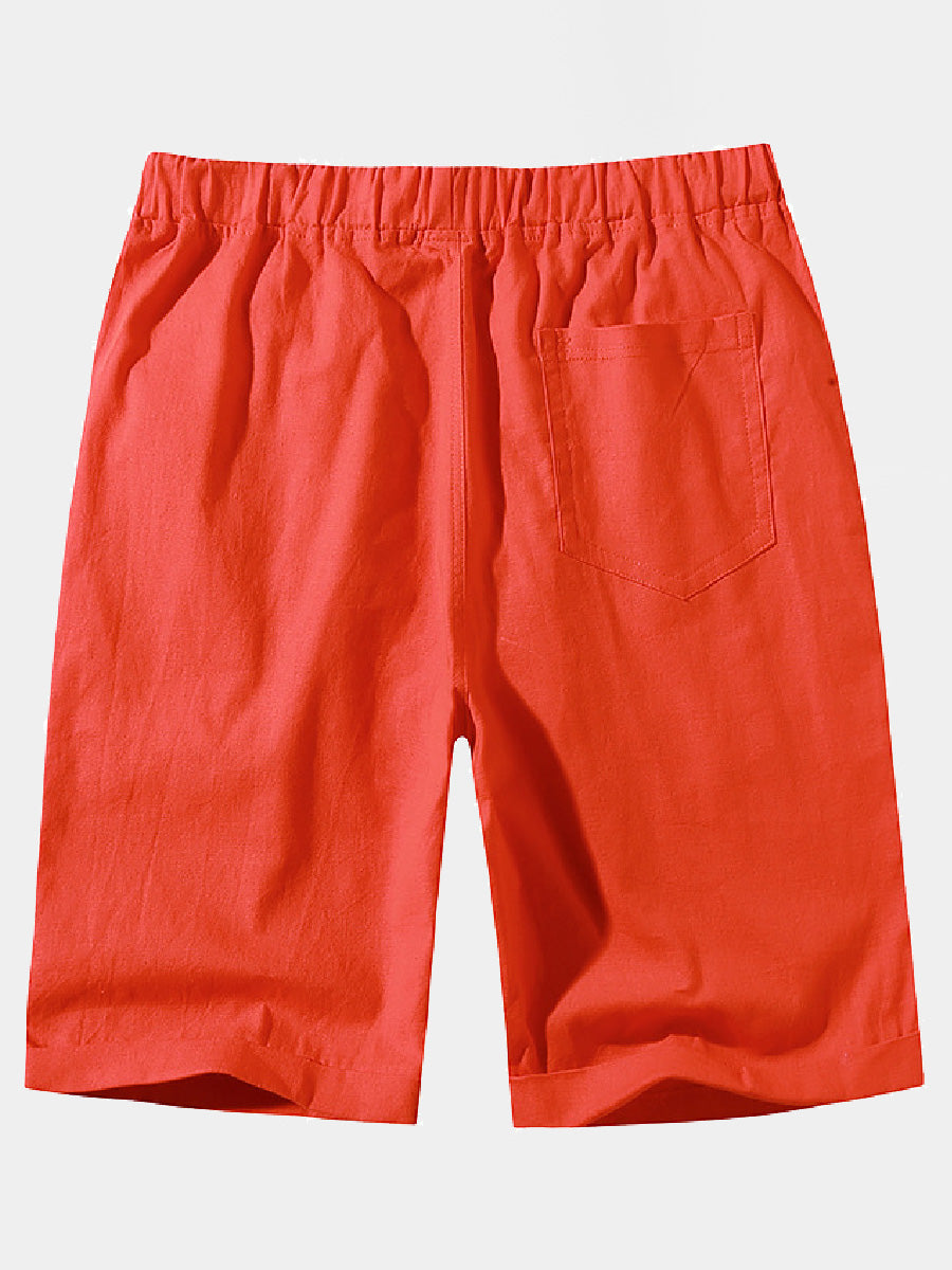 Pantaloncini casual da uomo in cotone e lino in pizzo sciolto tinta unita