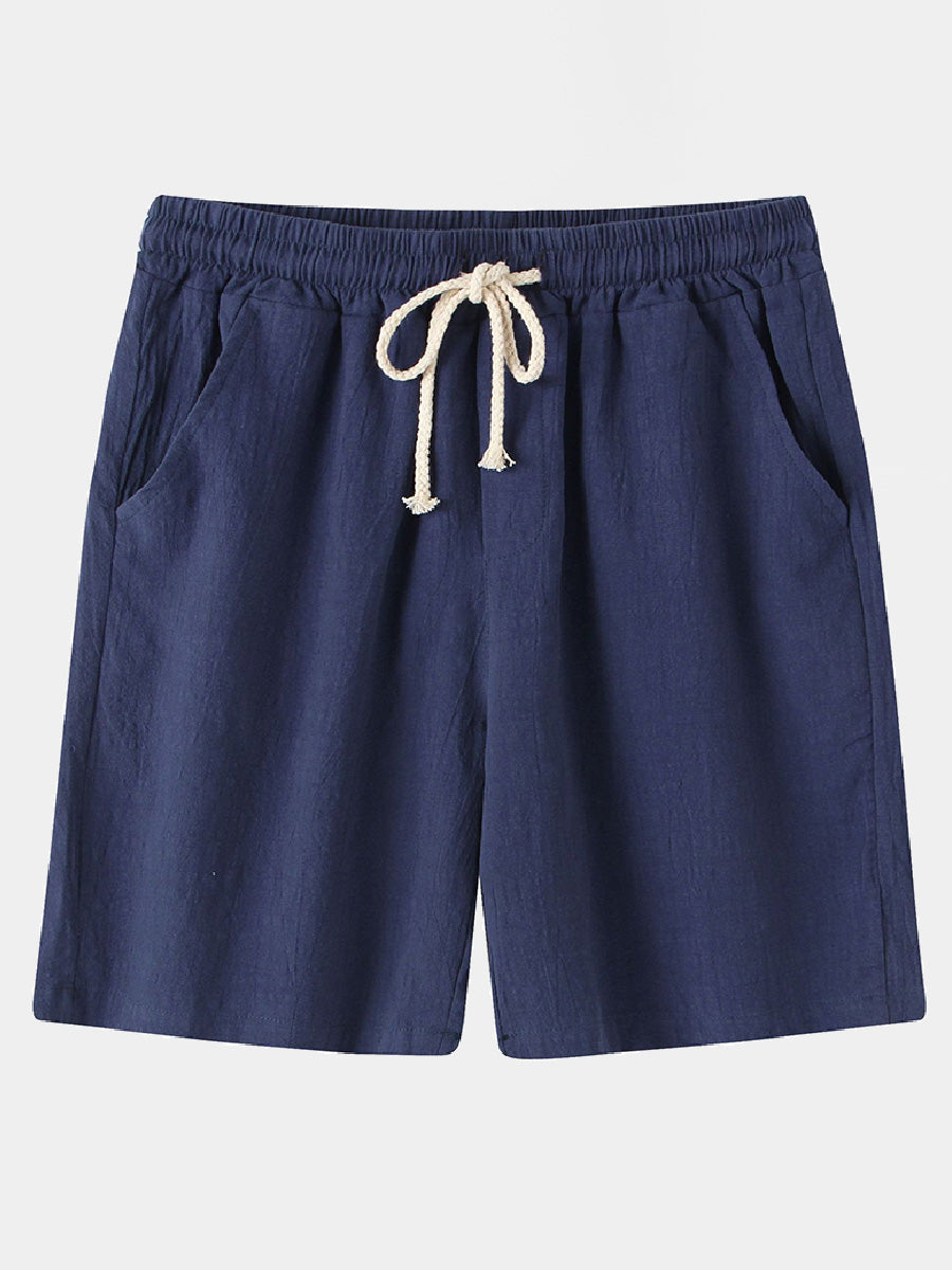 Pantaloncini casual da uomo in cotone lino da spiaggia tinta unita