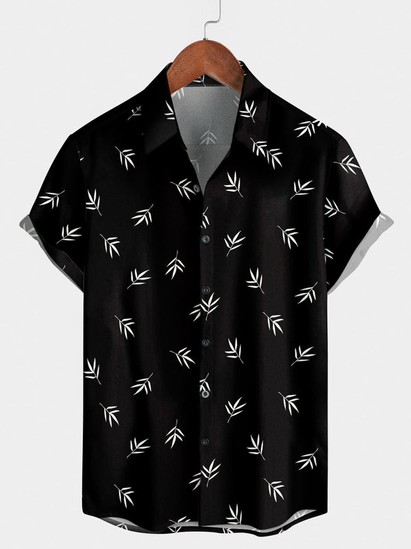 Camicia da uomo a maniche corte con stampa foglie