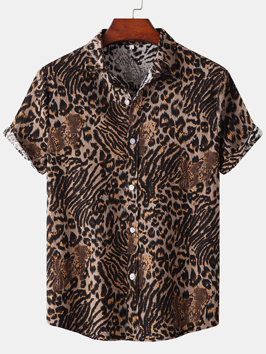 Camicia da uomo a maniche corte con stampa leopardata