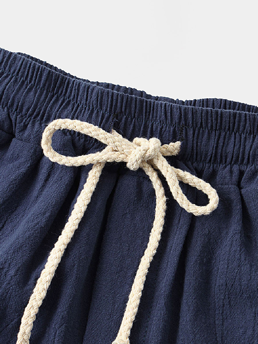 Pantaloncini casual da uomo in cotone lino da spiaggia tinta unita