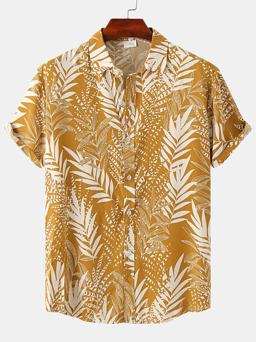 Camicia da uomo a maniche corte con stampa foglie