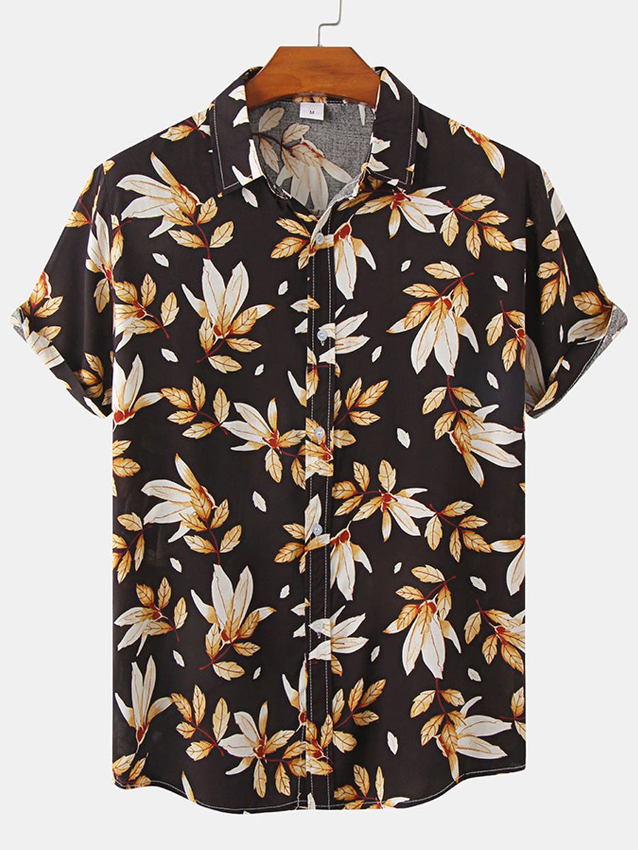 Camicia da uomo a maniche corte con stampa foglie