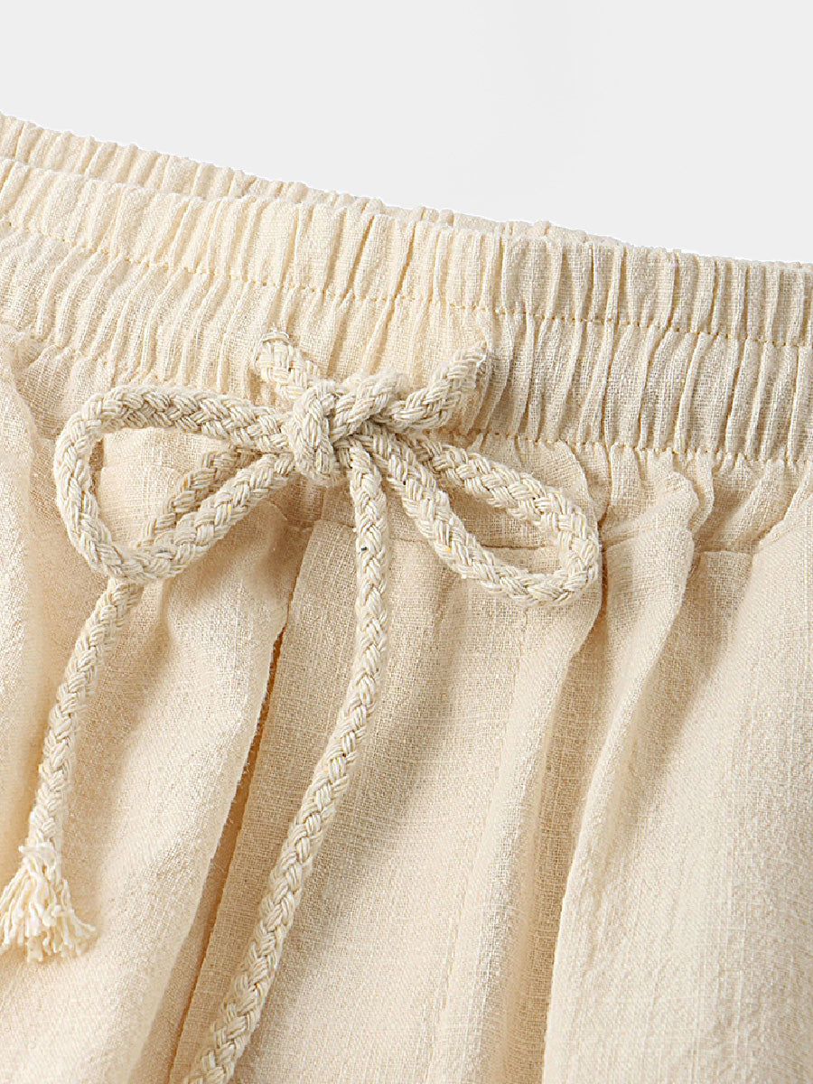 Pantaloncini casual da uomo in cotone lino da spiaggia tinta unita