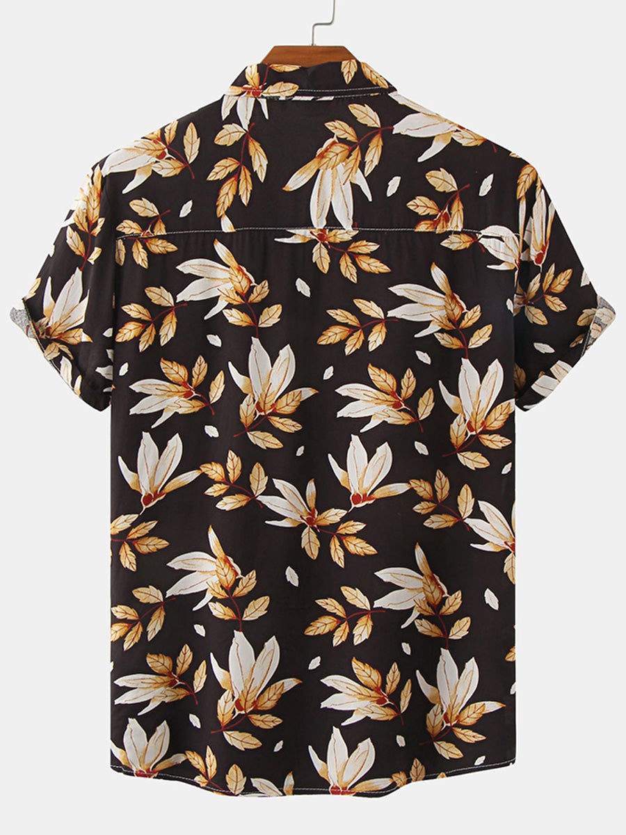 Camicia da uomo a maniche corte con stampa foglie