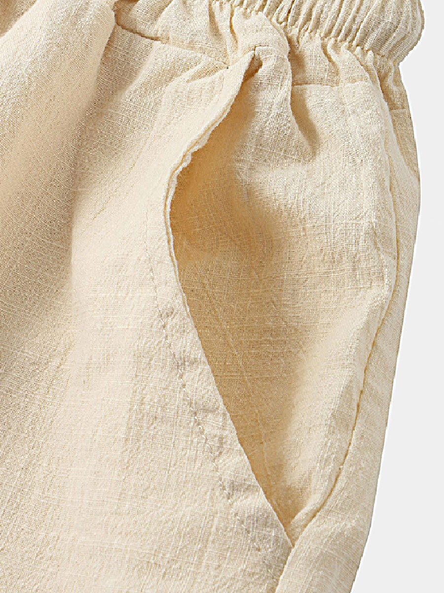 Pantaloncini casual da uomo in cotone lino da spiaggia tinta unita