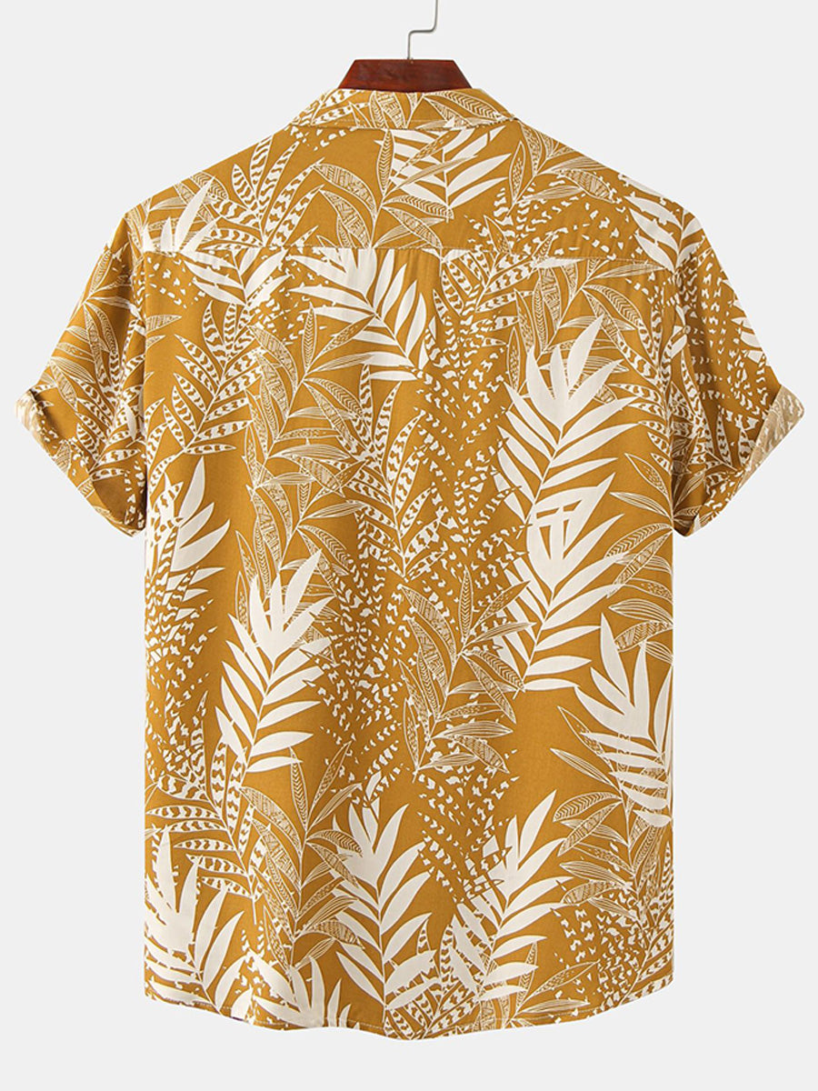Camicia da uomo a maniche corte con stampa foglie